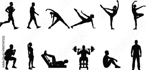 Fitness training silhouettes showing athletes running stretching and lifting weights, workout exercise poses and healthy lifestyle sport concept vector illustration