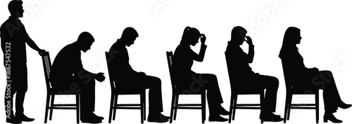 Business meeting silhouettes showing emotional stress and fatigue, corporate employees sitting in chairs during long office discussion and mental burnout concept vector