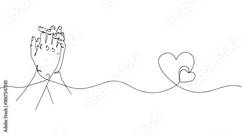 Continuous line art drawing of hands joined in prayer, symbolizing faith and hope, perfect for Valentines Day