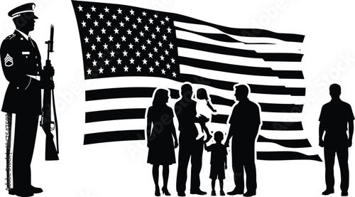 Patriotic American military honor scene with family silhouettes and waving USA flag illustration, memorial tribute vector artwork for veterans day national pride