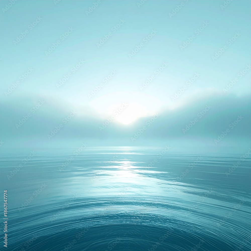 Obraz premium Ocean Surface at Sunrise with Misty Mountains and Teal Toned Filter