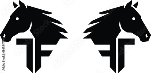 Horse head logo set featuring stylized TF monogram in mirror image for modern athletic equestrian and professional branding.