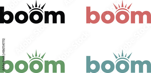 Typographic boom logo set featuring bold lowercase font with stylized sun explosion symbol in multiple modern color variations.