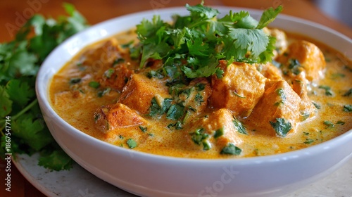 Creamy Indian Paneer Curry Garnished with Fresh Cilantro in White Bowl
