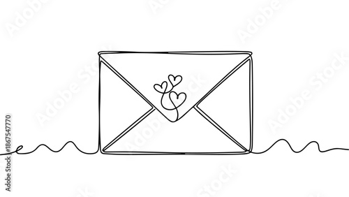 Continuous line art illustration of a valentines day envelope with hearts, minimalist design element for romantic correspondence
