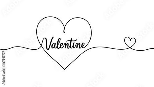 Happy Valentine's Day continuous line art drawing of a big heart with the word Valentine inside and a small heart at the end of the line