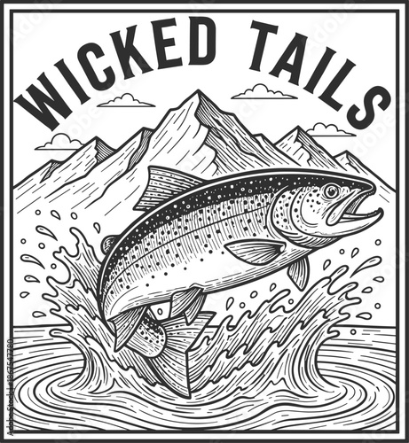 Vintage fishing logo featuring a leaping trout with splashing water and mountain landscape background for outdoor adventure branding.