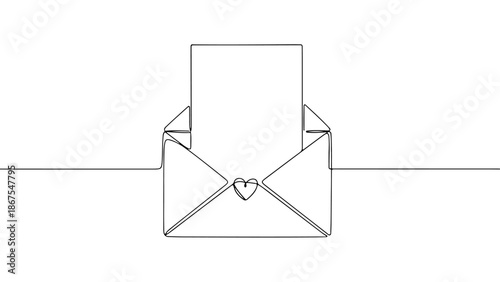 Seamless single continuous line art depicting an open envelope with a heart on Valentines day