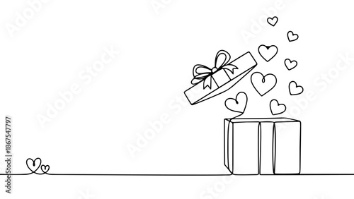Continuous line art illustration of a gift box with a bow and hearts, perfect for Valentine's Day celebrations