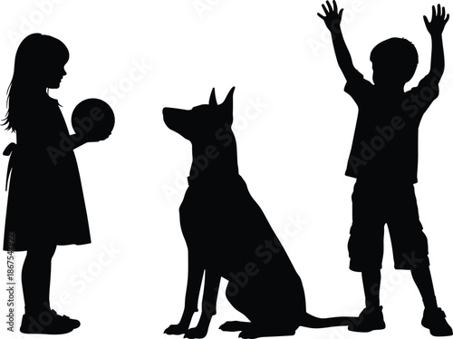 Children and dog silhouettes showing playful interaction, companionship, happiness, childhood joy, pet friendship, family lifestyle concept isolated white background