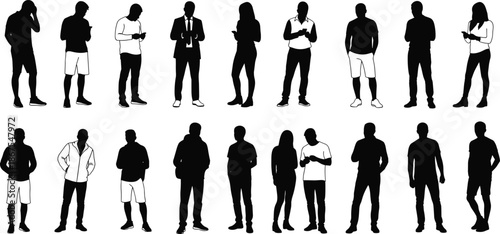 Set of diverse standing men silhouettes in casual outfits, front and back views vector illustration, black male figures isolated on white background