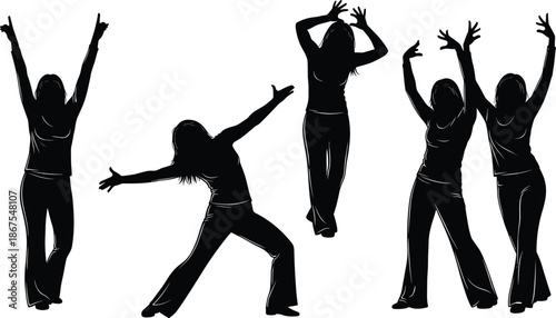 Dancing women silhouettes showing expressive poses, joy, freedom, rhythm, celebration, modern dance performance, energetic lifestyle concept isolated white background