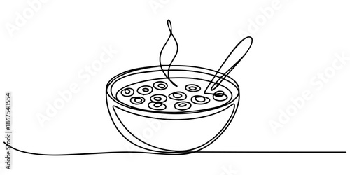 Cereal bowl in one line drawing. Breakfast with milk, healthy food concept, Single continuous line drawing of stylized bowl of cereal breakfast with fresh milk. Healthy whole wheat food concept.