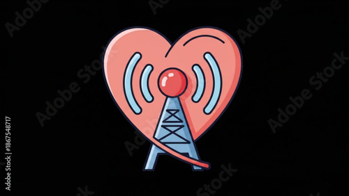 A heart shaped radio wave signal tower emitting signals on a black background