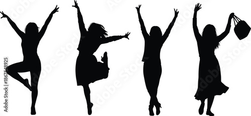 Joyful women silhouettes jumping with raised hands showing happiness, freedom, celebration, confidence, fashion movement, modern lifestyle concept isolated white background