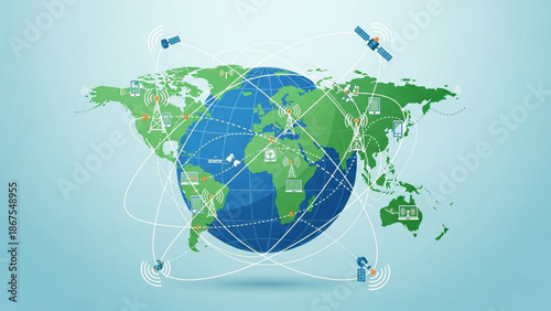 Global network connections and satellite communications around the earth for international business