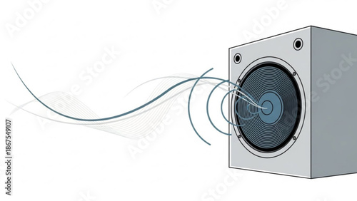 A gray speaker with a black grill and blue sound waves emanating from it on a white background