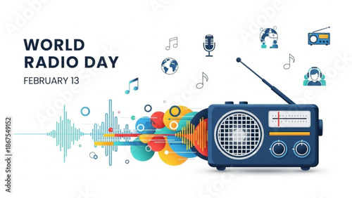 Vibrant world radio day illustration with a retro radio and colorful sound waves on white background