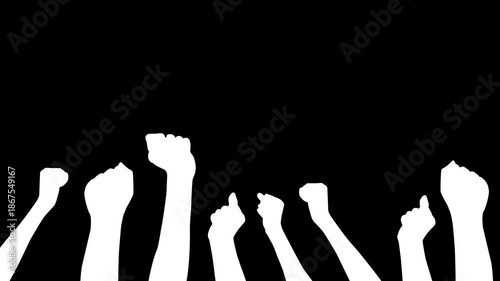 Public demonstration hands animation on black background.