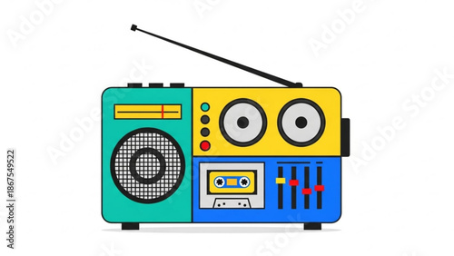 Vintage colorful boombox with cassette player and antenna on white background for music nostalgia