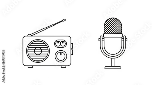 A black and white line drawing of a vintage radio and microphone on a plain background for music or podcast