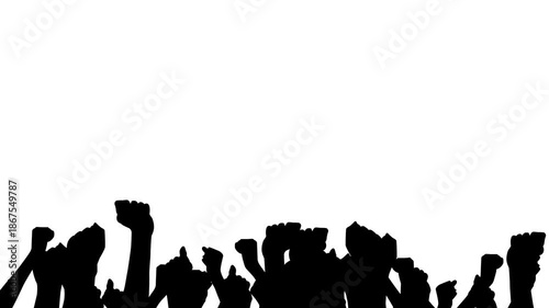 Protest crowd raised fists animation on white background.