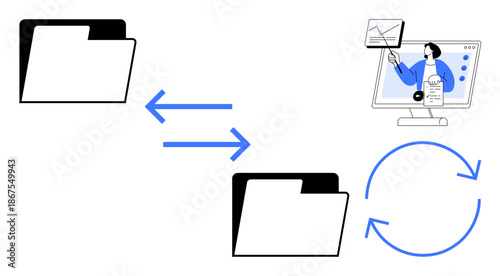 Data synchronization. File transfer and data synchronization with folders, arrows, and system interface. Data synchronization for collaboration, cloud storage, and IT workflows. Corporate