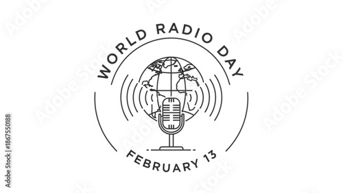 World radio day february 13 logo with microphone and globe on white background