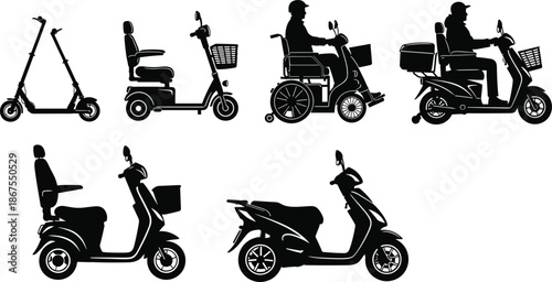 Black electric scooter silhouettes set, mobility aid vehicles for elderly and disabled, motor scooter and wheelchair vector illustrations isolated on white background,