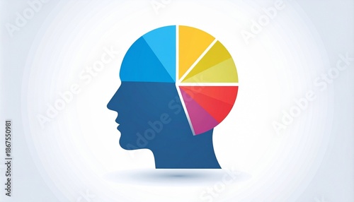 Colorful segmented pie chart inside a human head silhouette, symbolizing mind, brain, thinking, data analysis, and psychology.