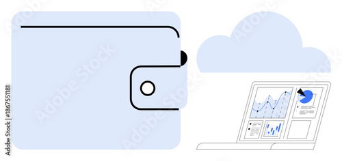 Financial management, data storage, fintech, cloud computing, analytics, technology concept. A wallet with cloud and a laptop showing charts. Financial management and data storage illustration