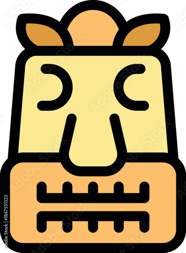 Cartoon illustration of a tiki idol representing a polynesian deity, featuring closed eyes, a large nose, and a mouth seemingly stitched shut