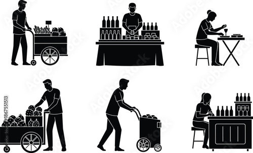 Black silhouette icons of street market vendors, people pushing carts with fruit and vegetables, wine tasting and commerce vector illustrations on white,