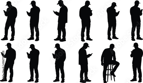 Silhouettes of Young Men Using Smartphones and Mobile Devices in Various Poses for Technology Communication Social Media and Digital Lifestyle Marketing