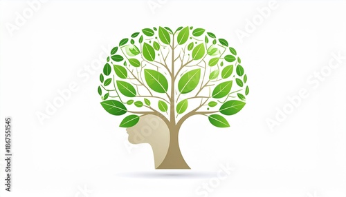 Creative Human Head Tree Logo Concept with Green Leaves - Nature, Growth, Mind, Eco-Friendly, Environmental Brain Symbol
