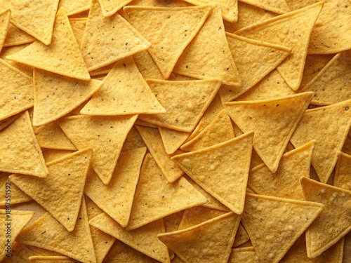 A vibrant overhead view of a large pile of crispy golden corn tortilla chips creating a textured background
