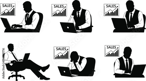 Black silhouette of businessman working on laptop with sales growth graph, corporate financial analyst desk icons set, professional office employee vector illustration,