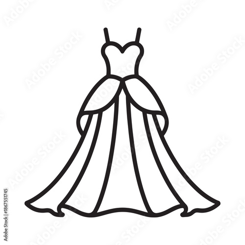 Elegant line art illustration of a flowing formal evening gown