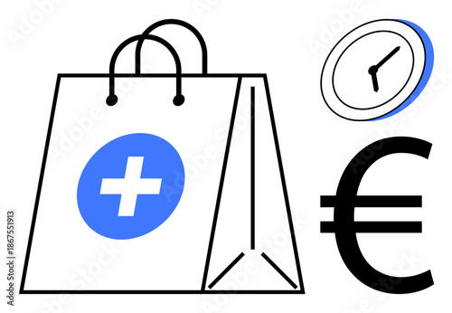 Healthcare spending, time-saving solutions, medical shopping, financial planning, cost control, ecommerce. Shopping bag with medical cross, euro symbol clock. Medical shopping and healthcare