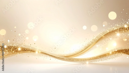 Elegant Golden Wave Background with Sparkling Glitter Particles and Soft Bokeh Lights. Luxury Abstract Design for Beauty and Celebration.