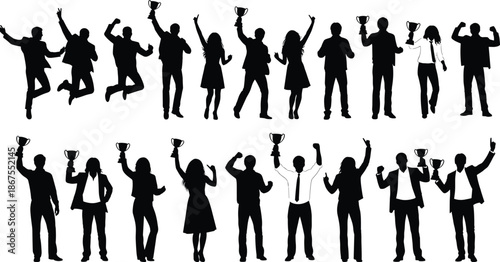 Silhouettes of Successful Business People Celebrating Victory Holding Trophies and Jumping with Joy for Corporate Achievement and Teamwork Marketing Design Projects