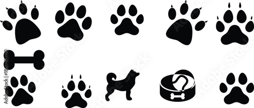Black vector icons set of animal paw prints including dog, cat, and bear footprints, illustrating pet symbols and nature tracks 
