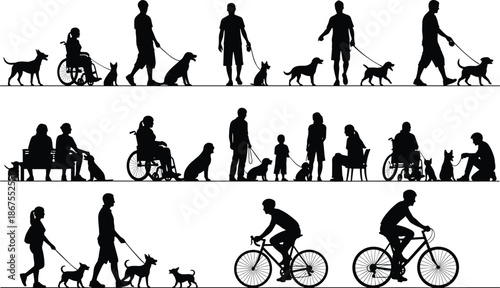 Diverse Silhouette Collection of People Walking Dogs Cycling and Using Wheelchairs in Outdoor Park Settings for Community and Lifestyle Design Projects