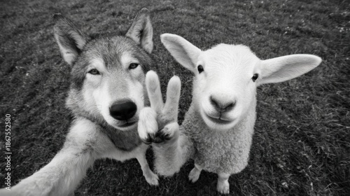 Wolf and lamb taking a selfie, with wild animal making a peace sign. Friendship and funny pets concept for meme or social media. Cute friends, white and black photo.
