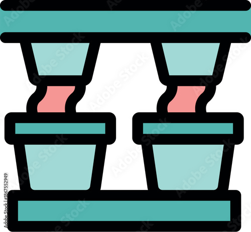 Automated industrial process pouring substance into pots on a conveyor belt, representing manufacturing and production