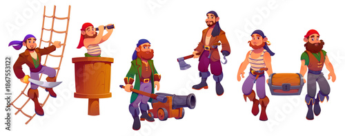 Cartoon pirate crew characters with axe, saber weapons, telescope, treasure chest and cannon. Group of funny bearded corsairs. Vector swashbucklers and sailor adventure game or storytelling personages