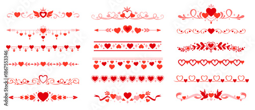 Valentine love heart divider and border frames, vector set of holiday embellishments. Vibrant red and pink romantic flourish trims for greeting cards, wedding invitations, stationery and decorations