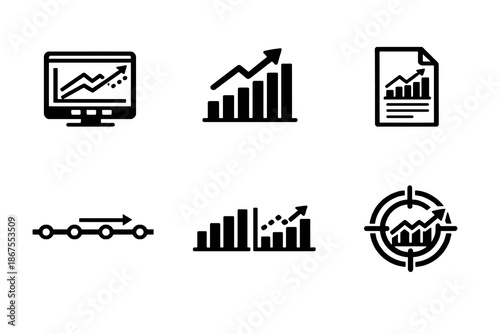Financial forecasting icon set with projections, trends and future planning symbols. Black flat vector icons with transparent background for finance dashboards and analytics UI.