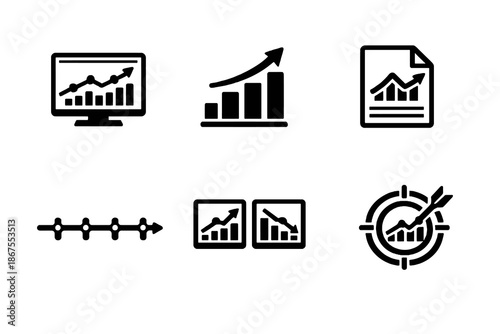 Business projection vector icon set featuring forecasts, scenarios and growth predictions. Black flat icons ideal for reports, SaaS platforms and strategic planning tools.