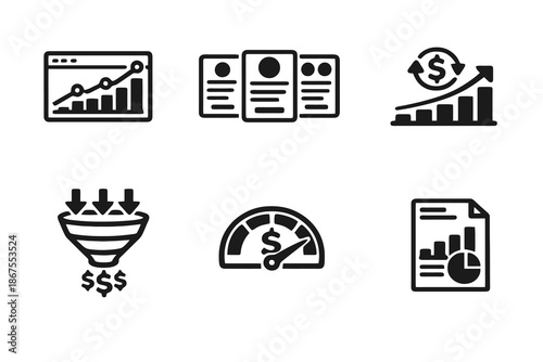 Monetization vector icon set featuring revenue streams, subscriptions and profit metrics. Black flat icons ideal for SaaS platforms, reports and digital business tools.